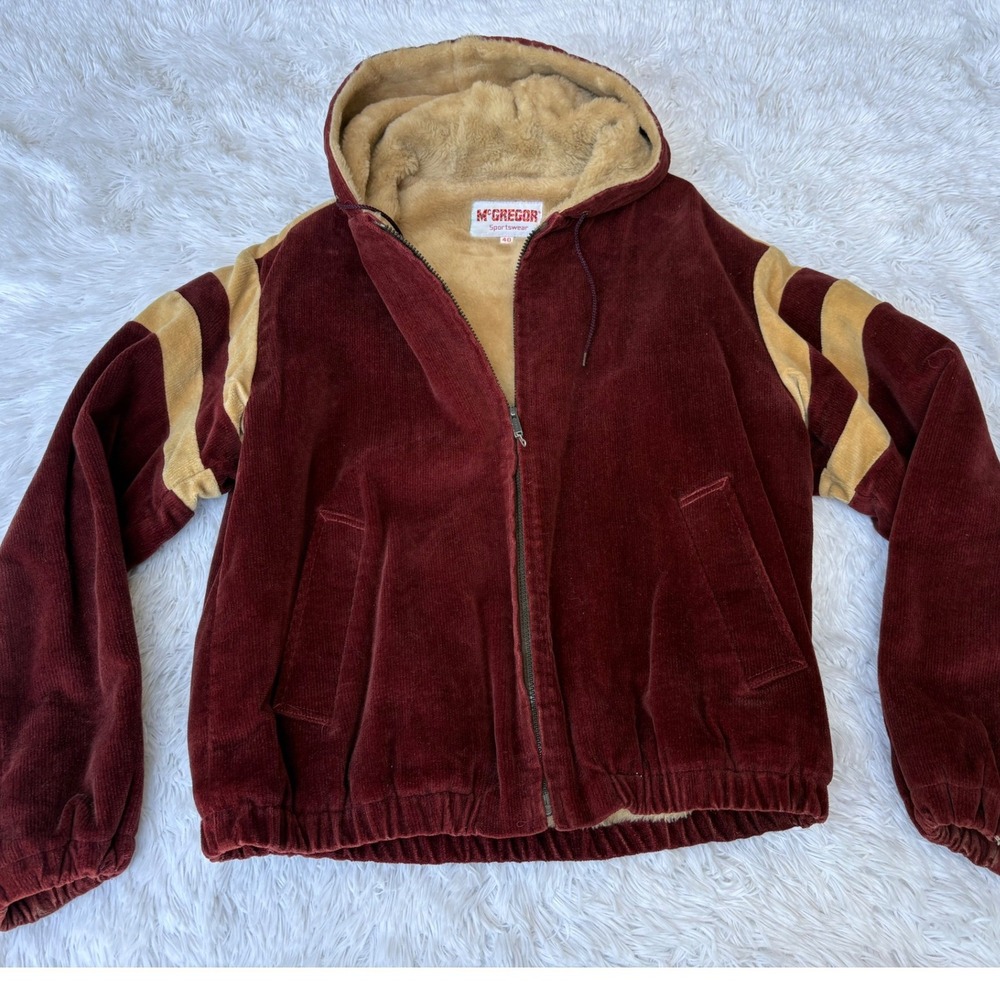 Vintage 70s McGregor Corduroy Sherpa Lined Hooded Jacket Red Stripe Men's M